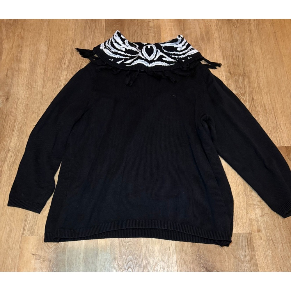 CJ Banks Sweater‎ 2X Fringed Cowl Collar Black White Silver Sparkle Metallic